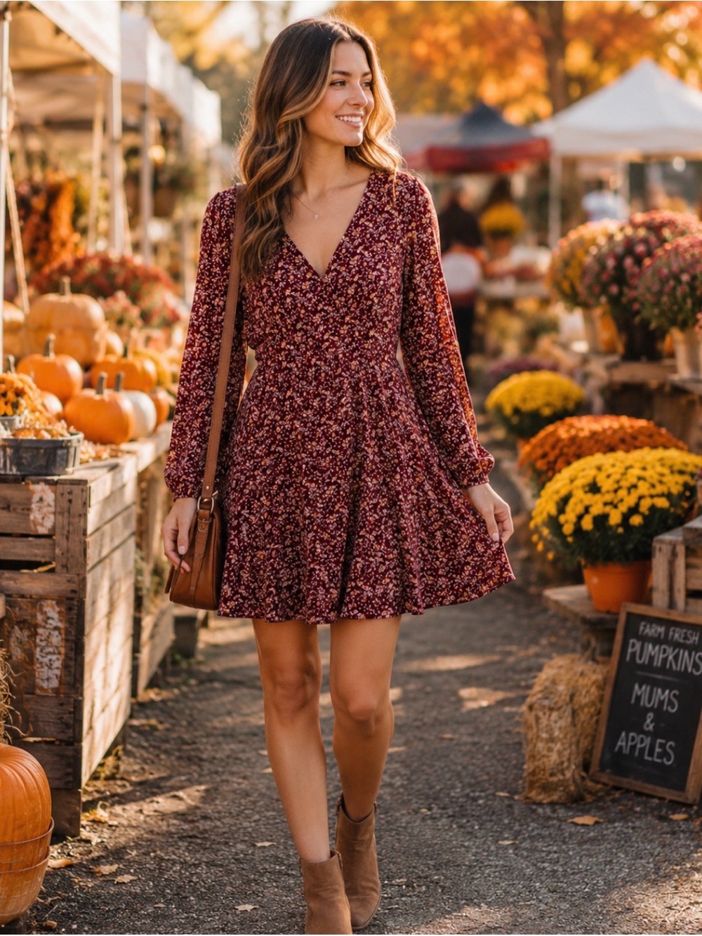 Gilli Burgundy Floral Long Sleeve Dress Women’s Medium | V-Neck Fit & Flare